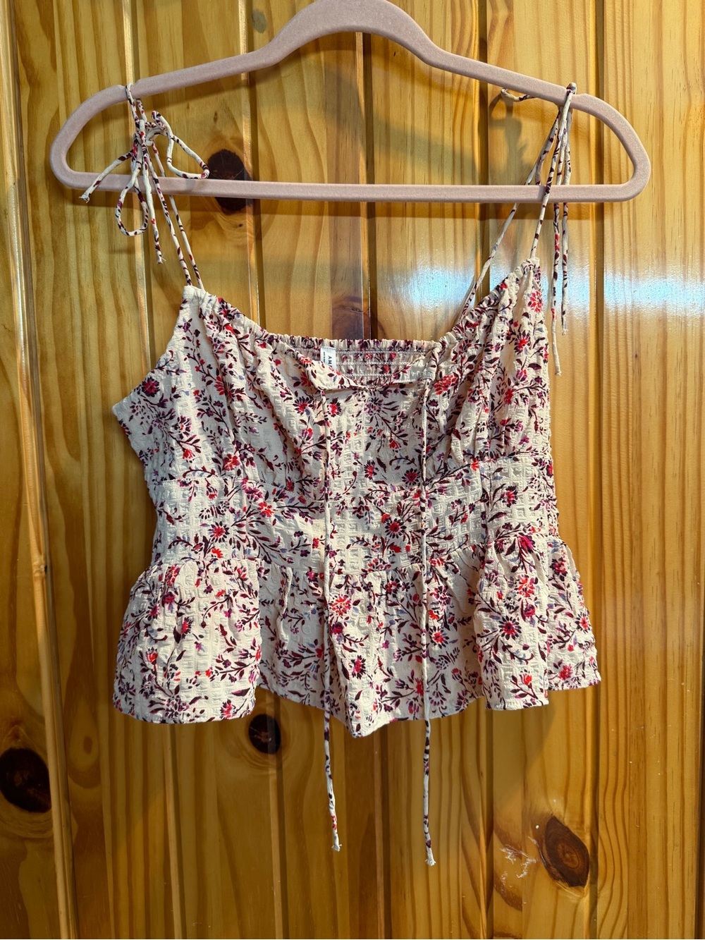 American Eagle Outfitters Cream Floral Tie-Shoulder Peplum Camisole